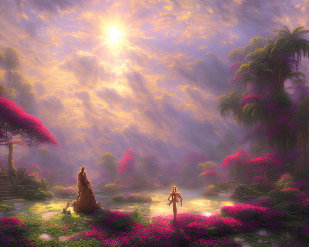 Pink Flowering Trees in Mystical Sunrise Garden with Woman and Child