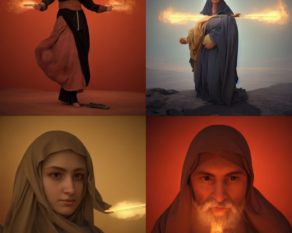 Collage of individuals in desert-themed attire with magical fire elements