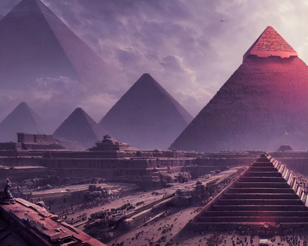 Digital artwork: Ancient Egyptian scene with pyramids under purple sky