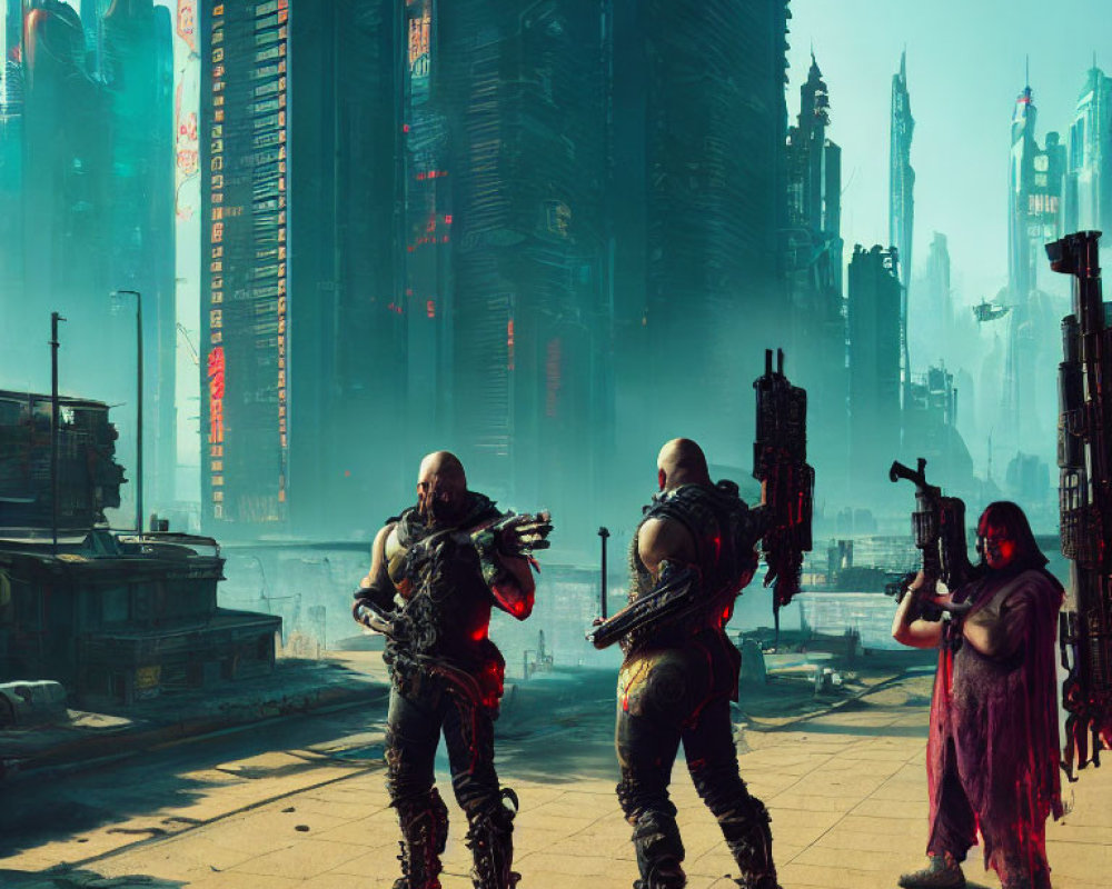 Futuristic cityscape with three armed characters