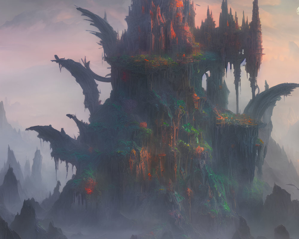 Majestic gothic structures on misty floating island at dusk