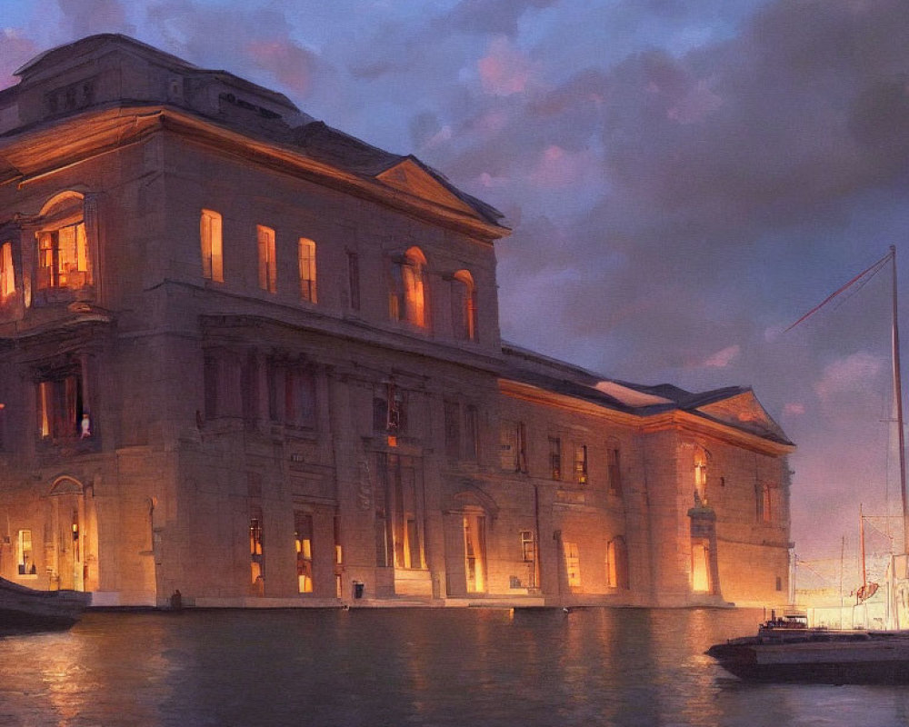 Neoclassical waterfront building at dusk with warm lights and boat under pink sky