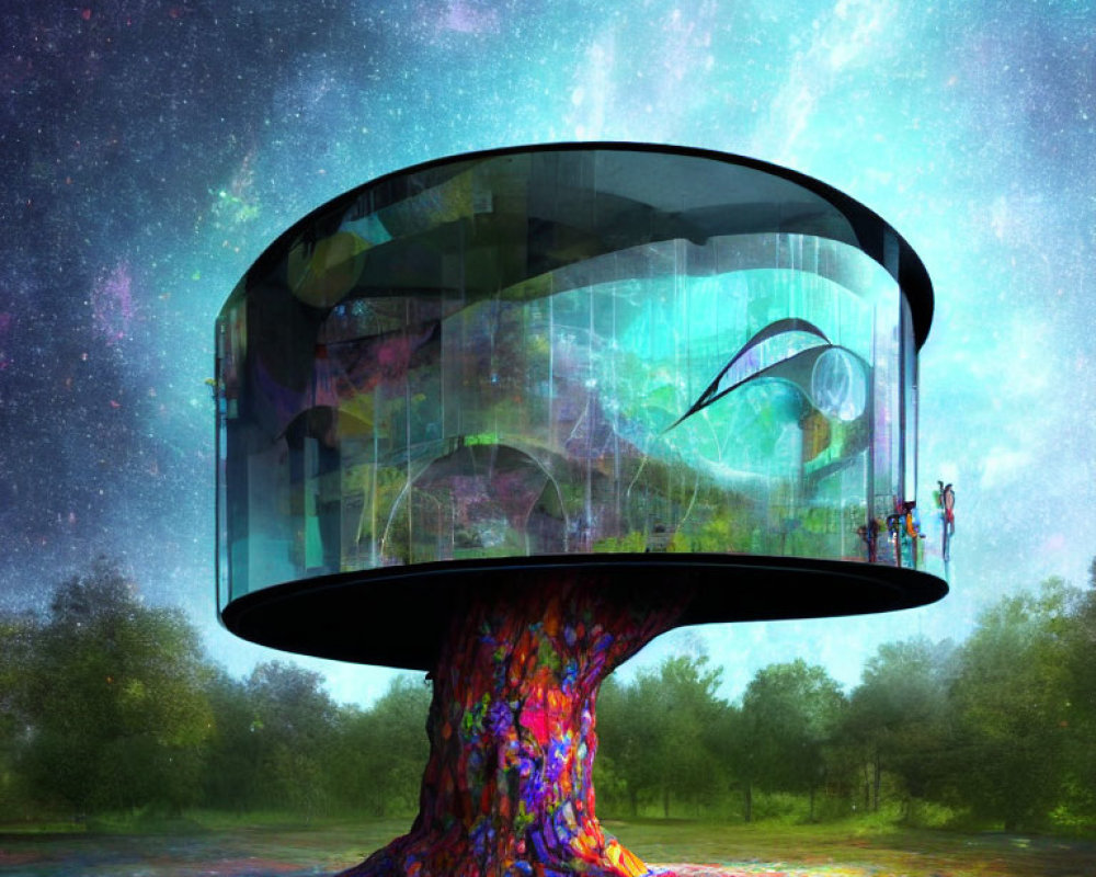 Colorful tree and glass house under starry sky