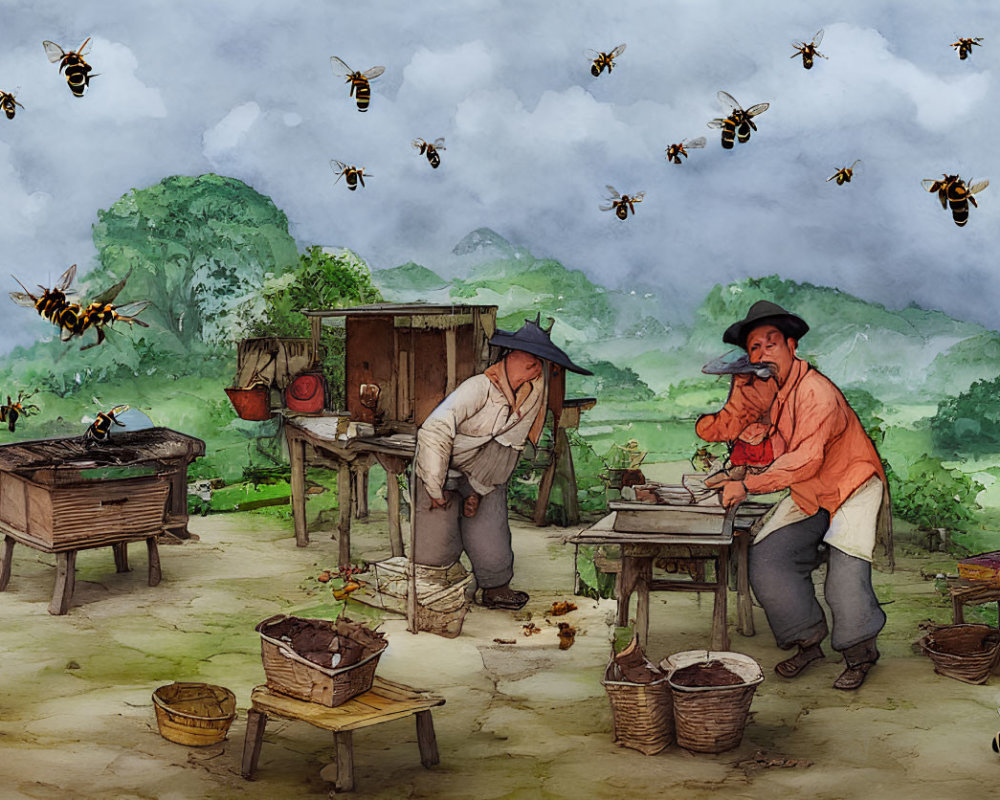 Rustic beekeeping scene with two individuals, bees, hives, and equipment