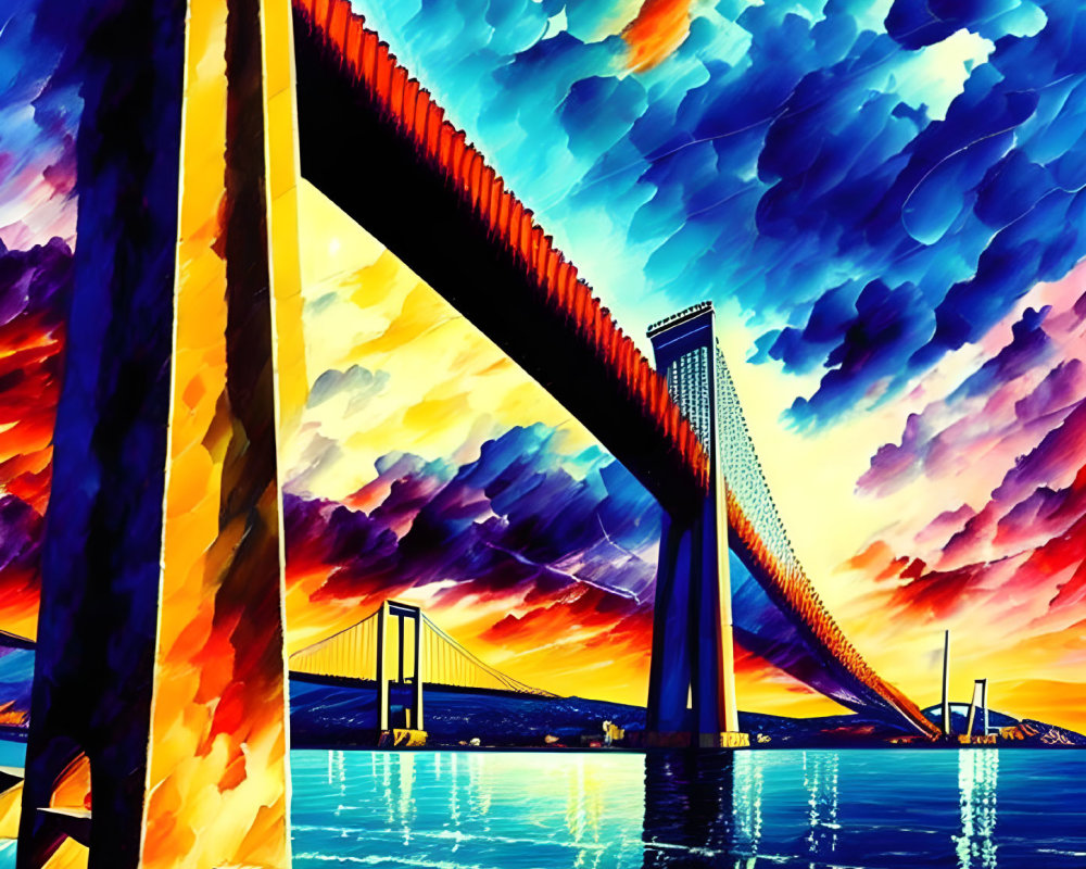 Colorful Stylized Suspension Bridge Over Water