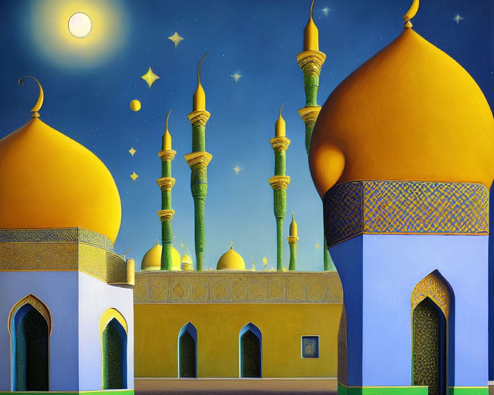 Vibrant Middle Eastern palace at night with golden domes and minarets under starry sky