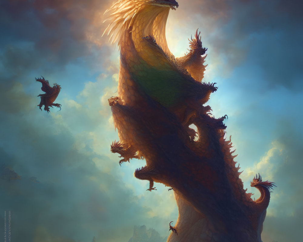 Majestic dragon with luminous crest flying among smaller dragons