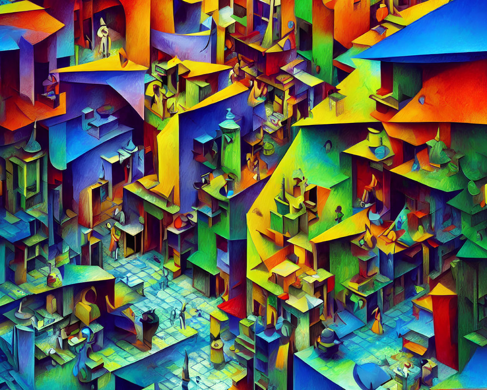 Colorful Abstract Art: Maze-Like Cityscape with Geometric Shapes