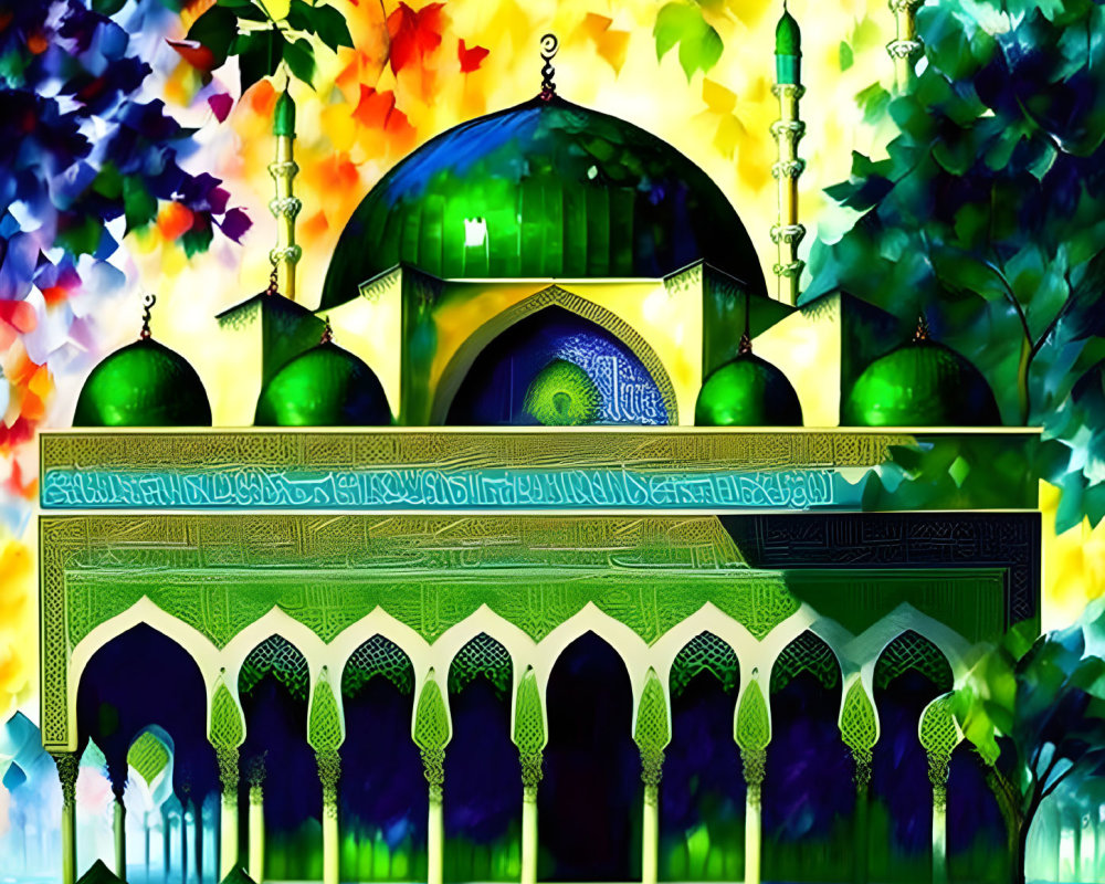 Colorful Digital Artwork: Mosque with Green Domes and Minarets on Abstract Foliage