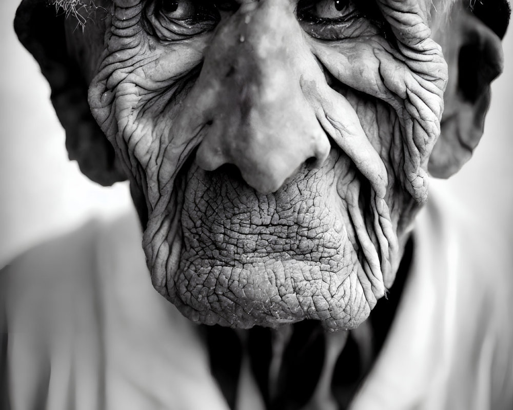 Detailed Close-Up of Elderly Person's Face with Deep Wrinkles and Expressive Eyes in Mon