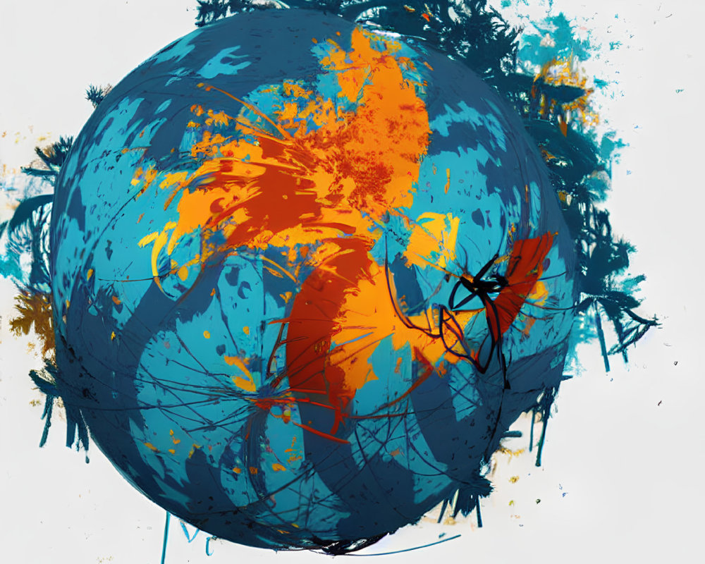 Colorful Abstract Globe Art with Blue, Orange Paint, and Red Butterfly