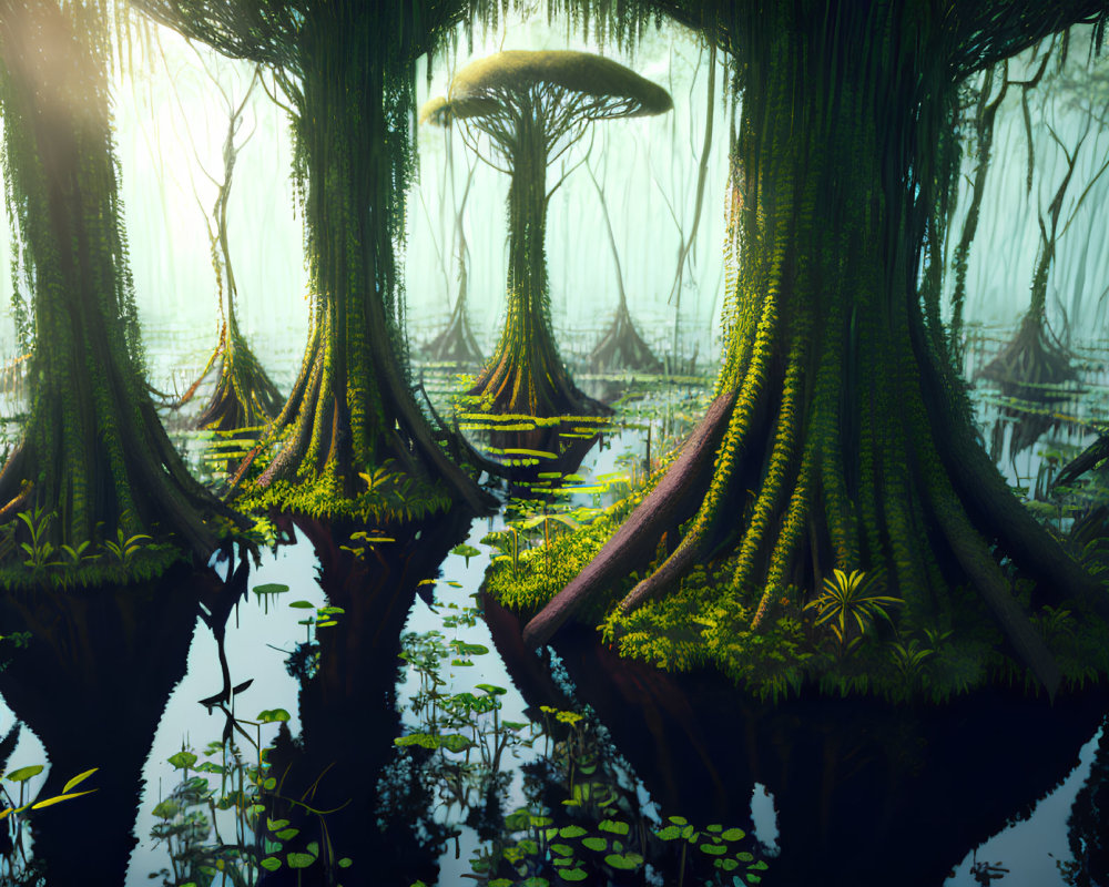 Futuristic swamp landscape with towering trees, large mushroom, and misty atmosphere