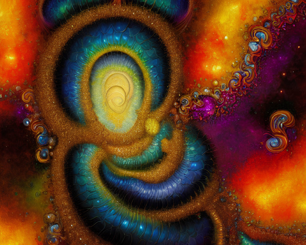 Colorful Abstract Fractal Art: Blue, Gold, and Orange Swirling Patterns