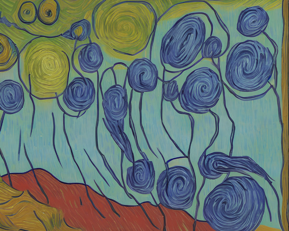 Vibrant Swirls of Blue and Yellow in Stylized Landscape