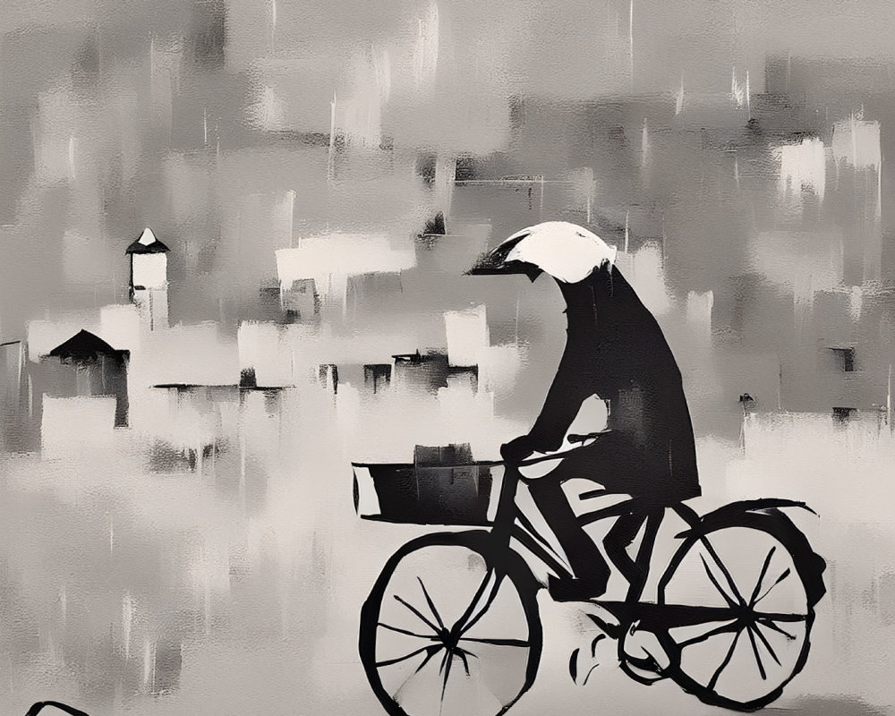 Abstract monochrome painting: figure on bicycle with blurred background and visible brush strokes.