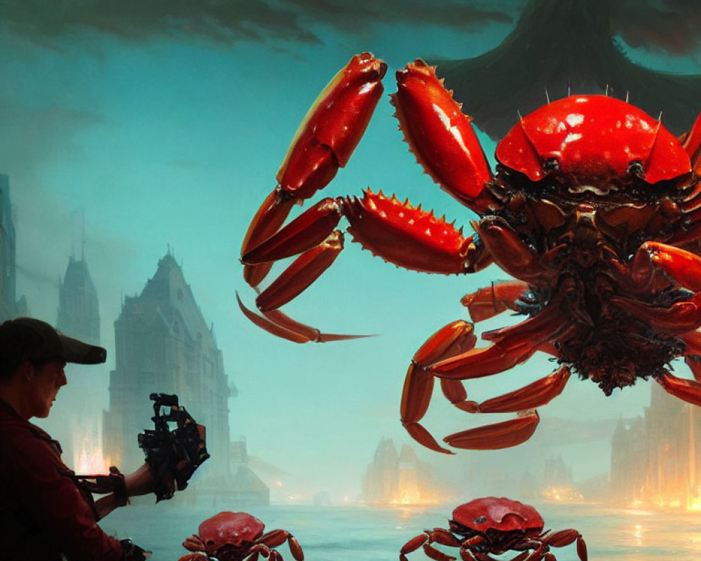 Man confronts giant crabs in dystopian city with looming volcano