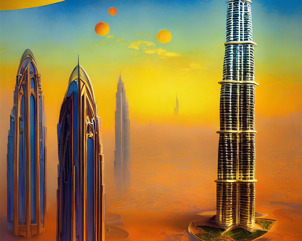 Futuristic cityscape with towering skyscrapers under an orange sky