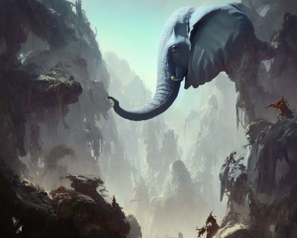 Surreal landscape with rocky cliffs and floating elephant amidst misty mountains