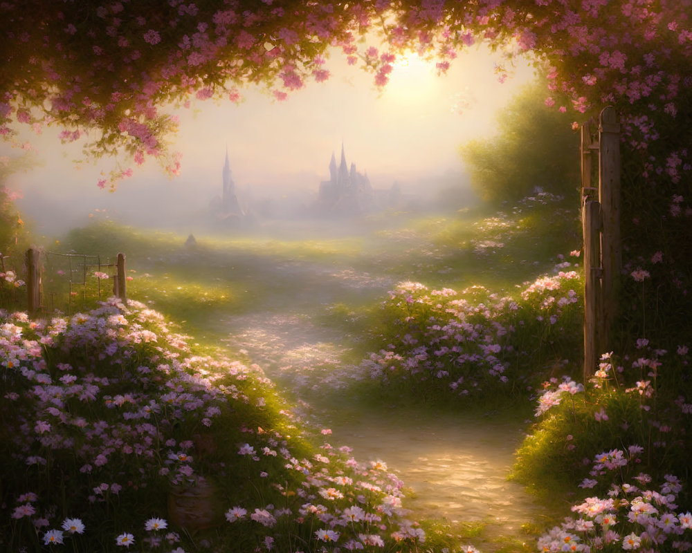 Sunlit Clearing with Blossom-Lined Path to Ethereal Castle