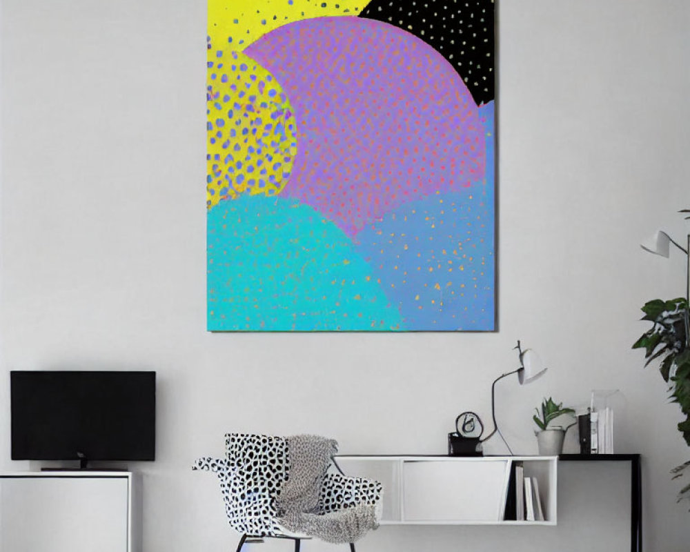 Colorful Abstract Painting in Modern Room with White Console, Dotted Armchair, TV, and Minimal