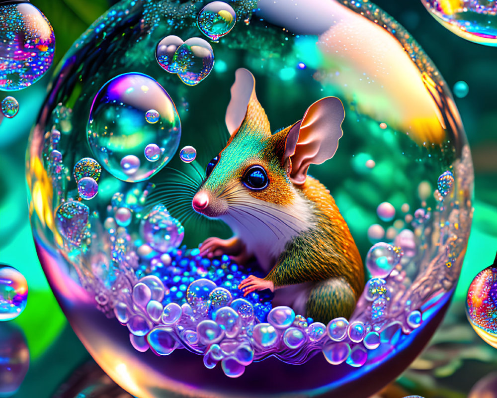 Colorful Mouse Illustration in Transparent Bubble with Bokeh Background