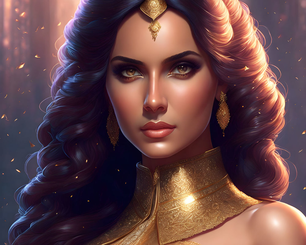 Woman with Striking Features and Gold Jewelry Under Dramatic Lighting