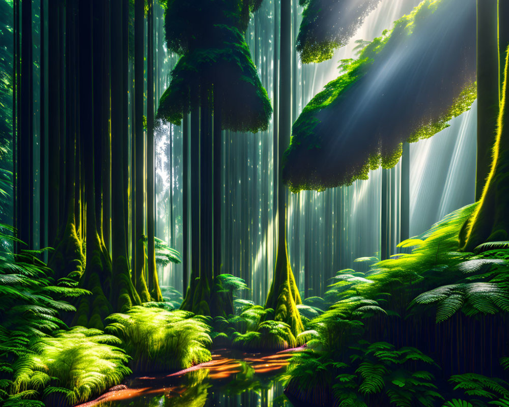 Sunlit Forest Canopy with Green Ferns and Stream