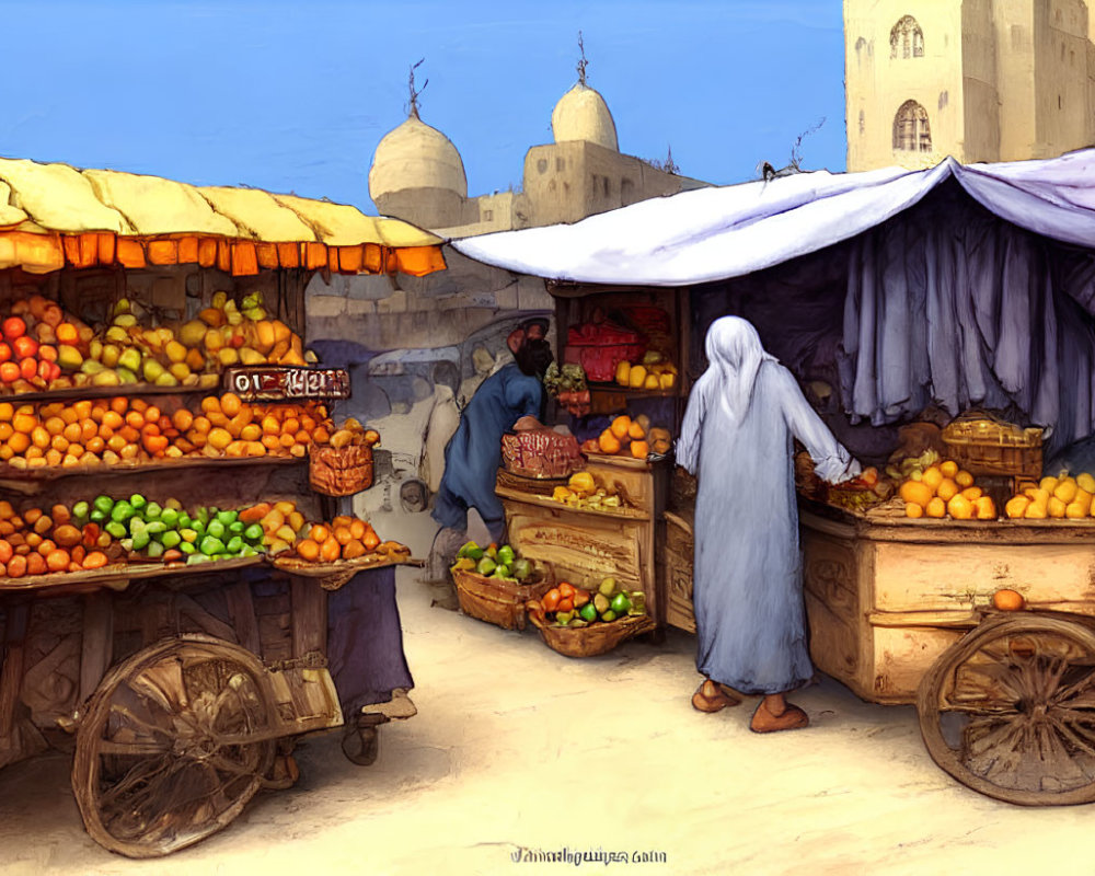 Traditional marketplace with fruit stalls, historic architecture, and people in traditional attire.