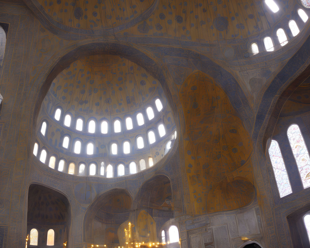 Ornate dome, intricate wall designs, visitors in grand mosque