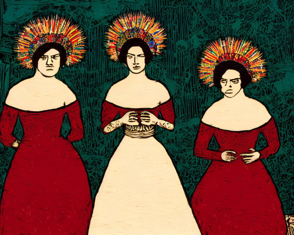 Three women in red dresses and halo-like headdresses on teal background