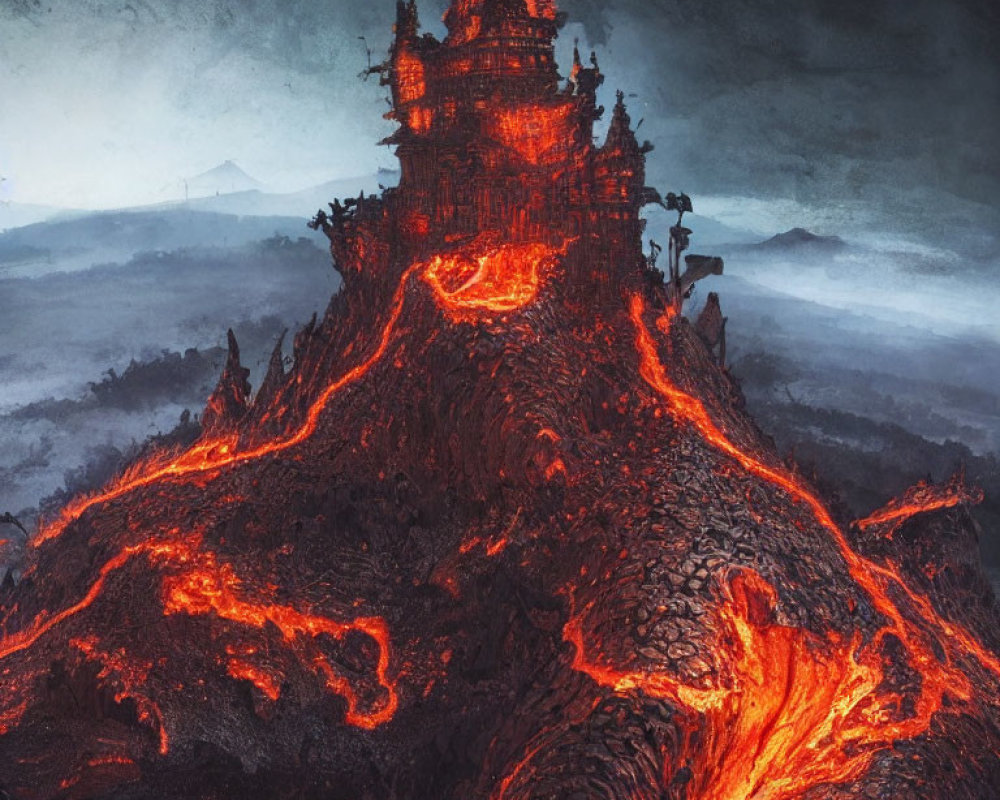 Dark castle on volcanic mountain with lava rivers in misty landscape