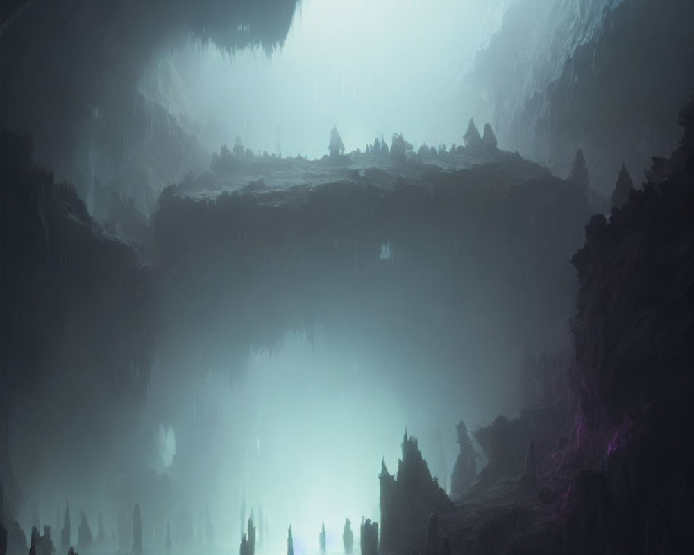 Mystical subterranean landscape with towering stalagmites and soft blue light.