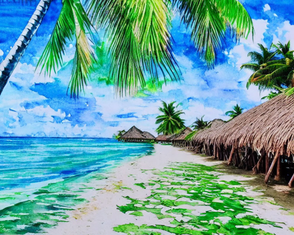 Tropical Beach Scene with Palm Trees and Thatched Huts