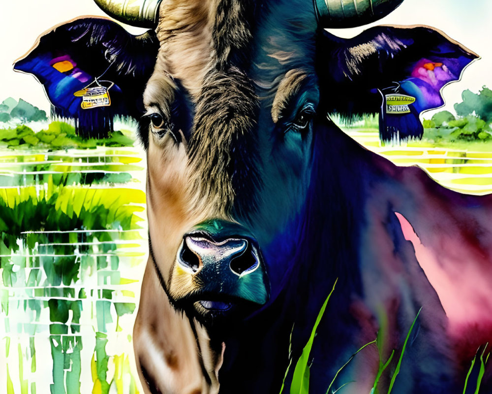 Colorful Digital Artwork: Cow's Head with Horns on Bright Background