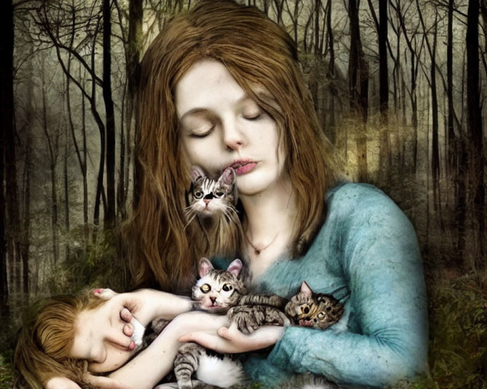 Woman with Long Brown Hair Holding Three Kittens in Mystical Forest