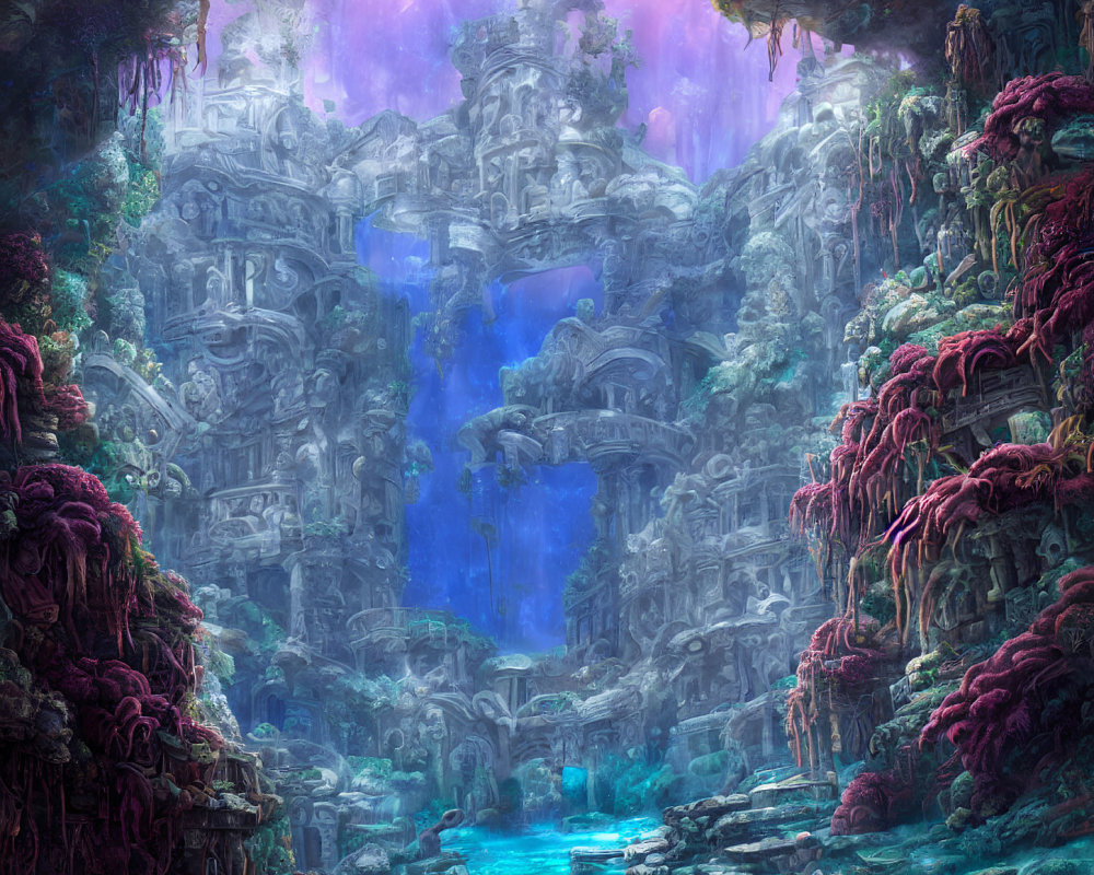 Mystical subterranean landscape with ruins, waterfalls, and luminescent flora