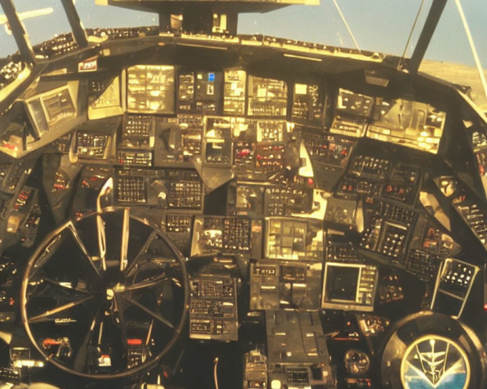 Aircraft Cockpit with Control Panels, Gauges, Yoke, and Screens