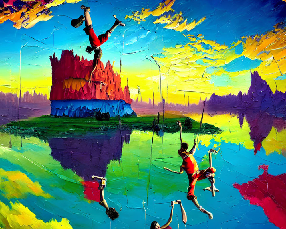 Colorful painting of people on a surreal cliff with reflective water and dynamic sky