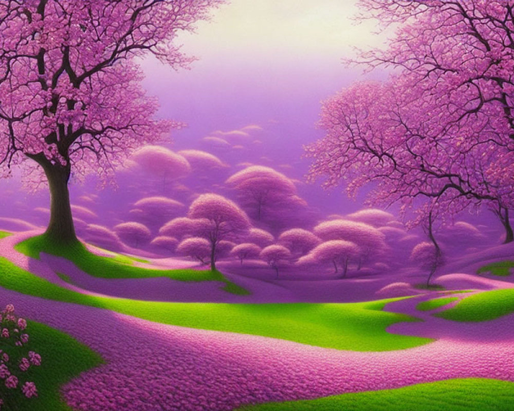 Lush green hills and blooming cherry trees in a vibrant fantasy landscape