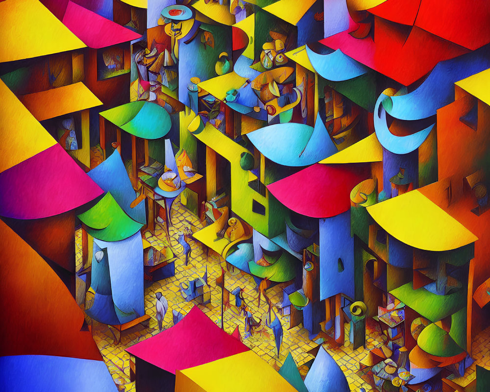 Colorful Escher-style illustration of whimsical buildings and characters