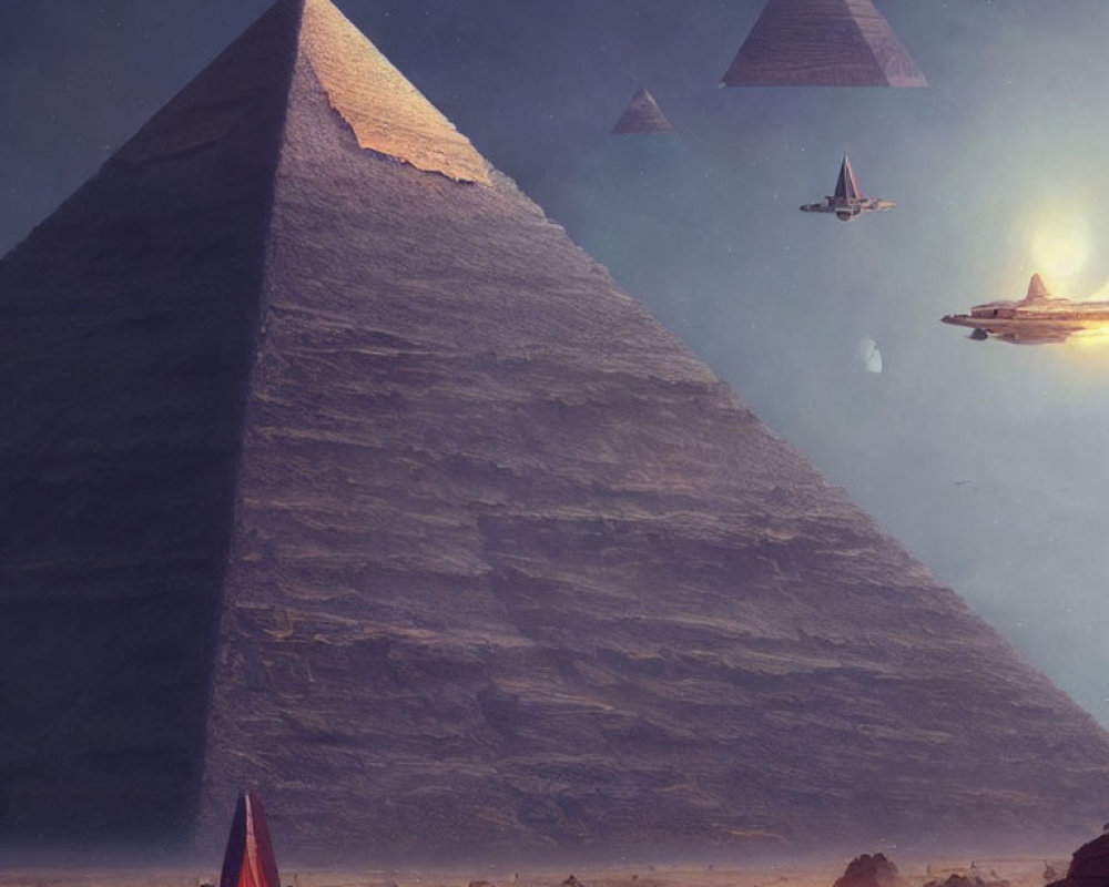 Illuminated pyramid and futuristic ships in serene sci-fi desert landscape