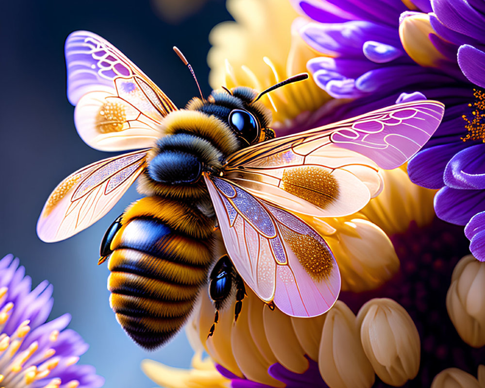 Colorful Digital Illustration: Bee on Flower with Translucent Wings