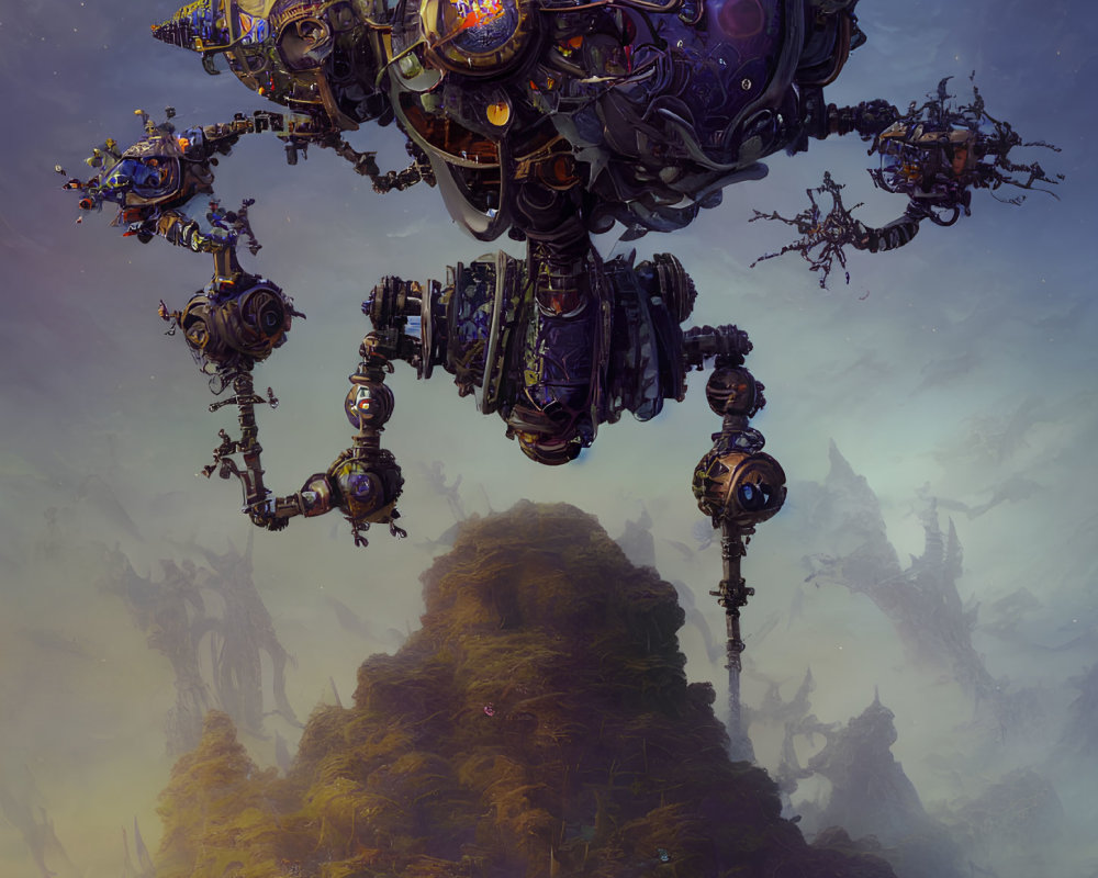 Intricate floating mechanical structure over misty mountain