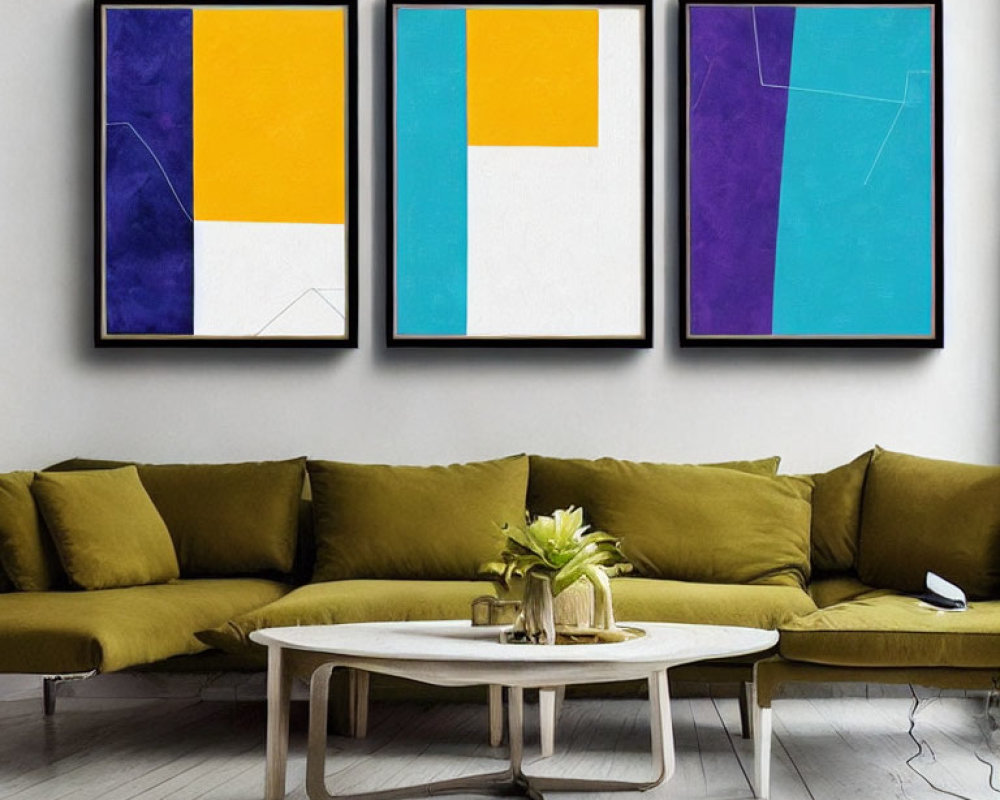 Contemporary Living Room with Green Sofa, White Coffee Table, and Abstract Paintings