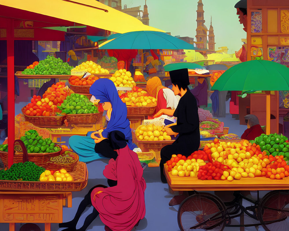 Colorful Umbrellas and Fresh Fruits in Vibrant Marketplace