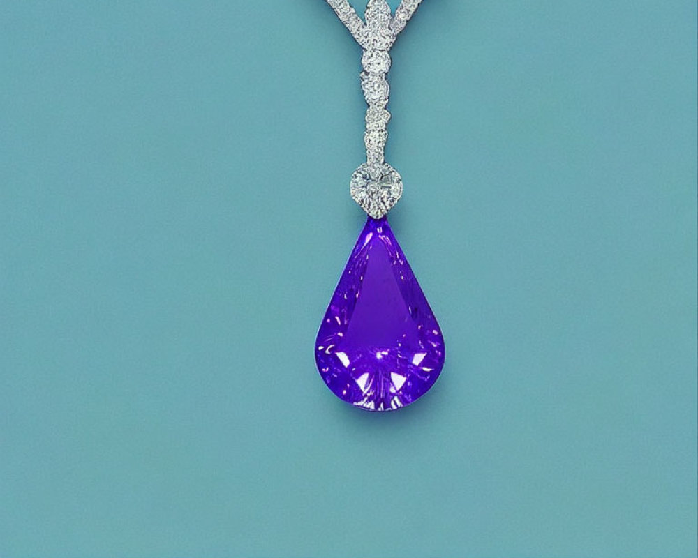 Amethyst Teardrop Pendant with Diamond Accents on White Gold Chain