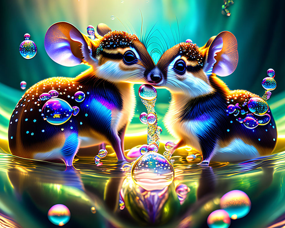 Whimsical sparkling mice with oversized ears in colorful environment