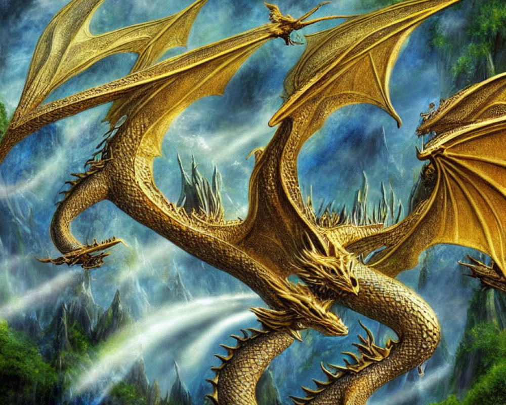 Detailed digital artwork: Majestic golden dragons flying over misty mountains