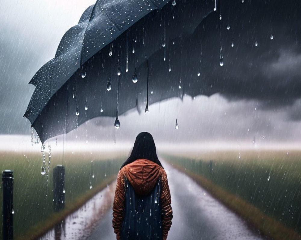 Person standing with umbrella in rain on wet road under stormy skies