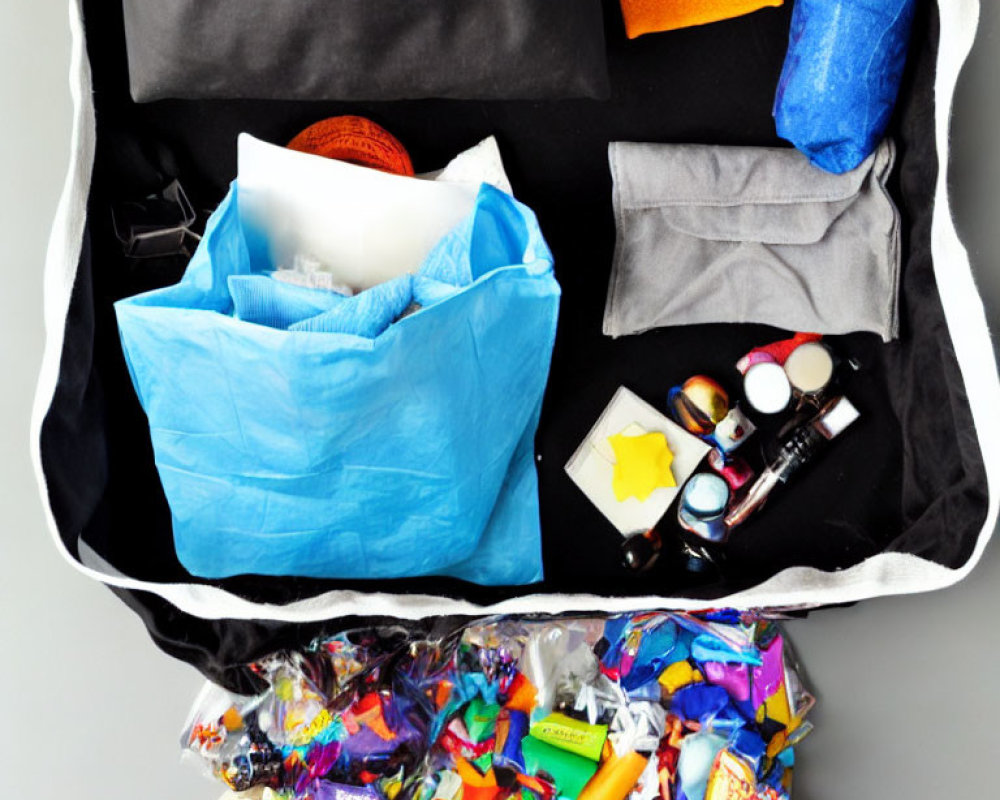 Colorful sensory bin with textures: fabrics, basketball, blue bag, toys, candies